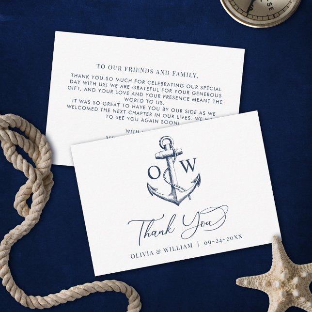 Mongram Anchor Nautical Wedding Dankeskarte (Von Creator hochgeladen)