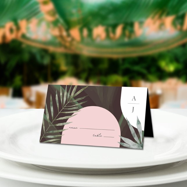 Mongram Arches Palm Tree Tropical Wedding Platzkarte (Von Creator hochgeladen)