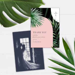 Mongram Arches Tropical Wedding Foto Dankeskarte