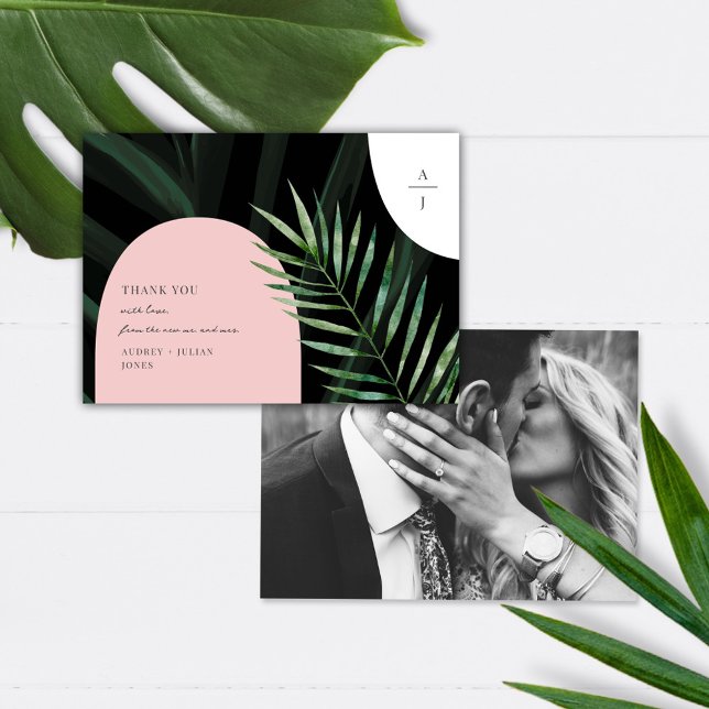 Mongram Arches Tropical Wedding Foto Dankeskarte (Von Creator hochgeladen)