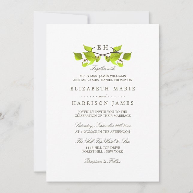 Mongram Birch Tree Branch Wedding Einladung (Vorderseite)