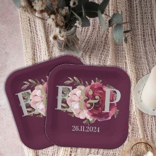 Mongram Burgundy Blush Floral Wedding Party Pappteller