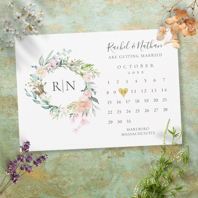 Mongram Calendar Gold Heart Floral Wedding Save The Date (Von Creator hochgeladen)