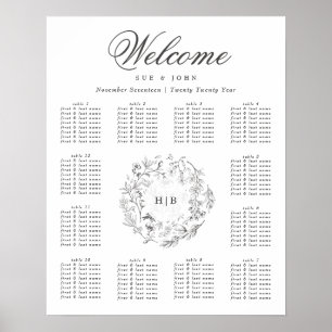 Mongram Classic Botanical Floral Wreath Wedding Poster