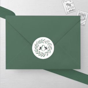Mongram Evergreen Wreath Wedding Runder Aufkleber
