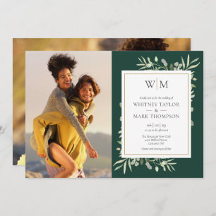 Mongram Foliage Emerald Green Foto Wedding Einladung