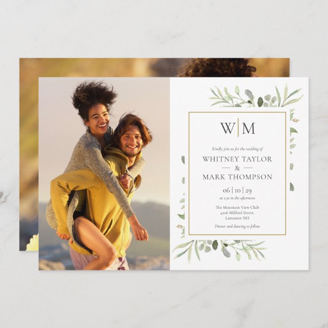 Mongram Foto Botanische Grünenhochzeit Einladung (Vorne/Hinten)