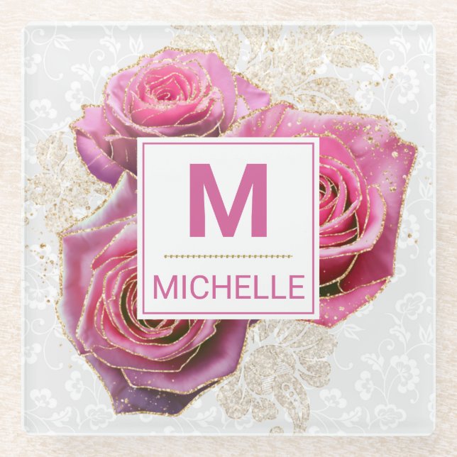 Mongram für schöne rosa und goldene Glam Rose Glasuntersetzer (Vorderseite)