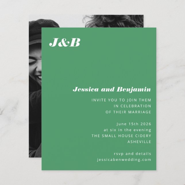 Mongram Green Foto Hochzeitseinladung (Vorne/Hinten)