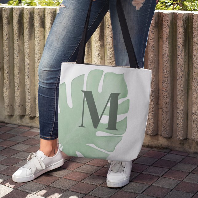 Mongram Green Tropen Palm Leaf Custom (Tropical Palm Leaf Monogram Tote Bag.)