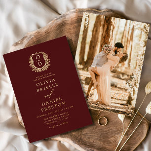 Mongram-Hochzeit des Burgundy Gold Foil Fotos Folieneinladung