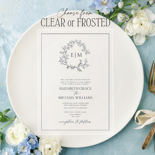 Mongram-Hochzeit des formalen Navy Blue Leafy Wapp Acryleinladungen (Von Creator hochgeladen)