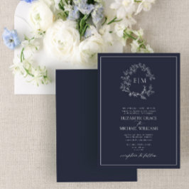 Mongram-Hochzeit des formalen Navy Blue Leafy Wapp Einladung