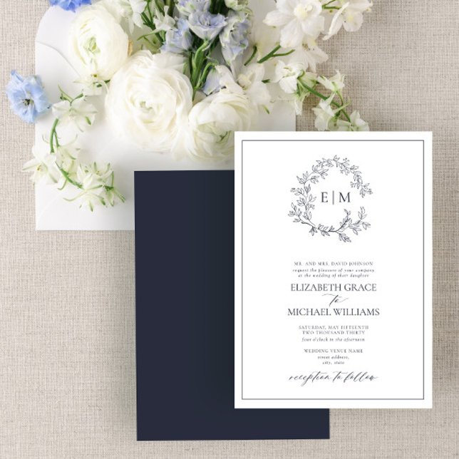 Mongram-Hochzeit des formalen Navy Blue Leafy Wapp Einladung (Von Creator hochgeladen)