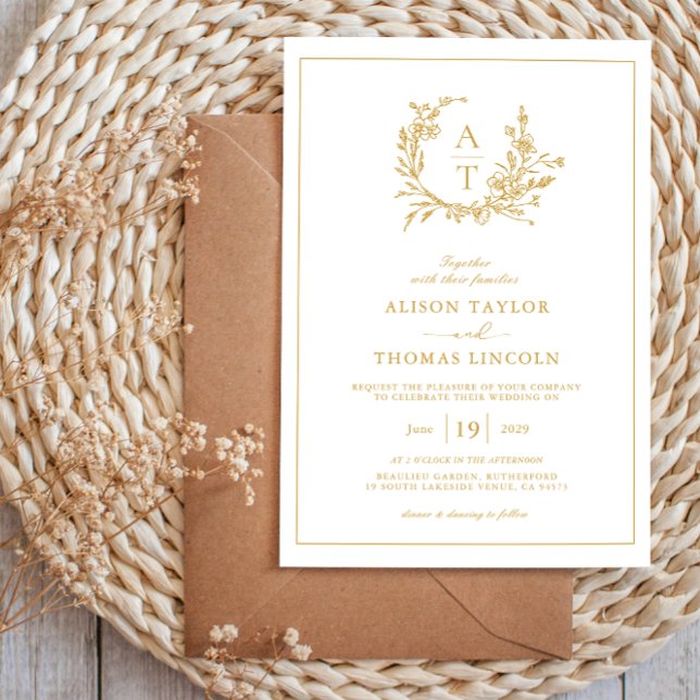 Mongram Hochzeit von Gold Script Wildblume Wappen Einladung (Von Creator hochgeladen)