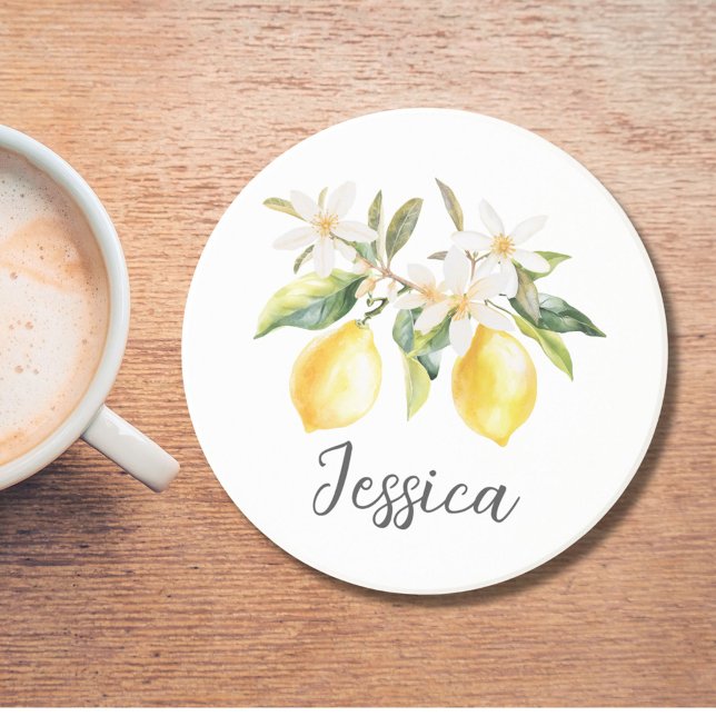 Mongram Lemon Frucht White Blume Tree Branch Getränkeuntersetzer (In situ)
