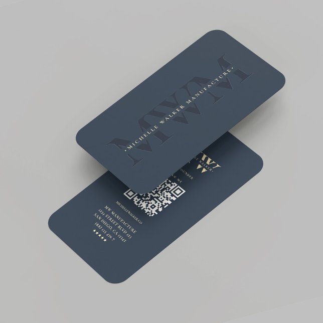 Mongram Marketing Dark Blue Navy Visitenkarte (Modern Company Monogram Marketing Dark Blue Gold Professional Business Card with QR Code)