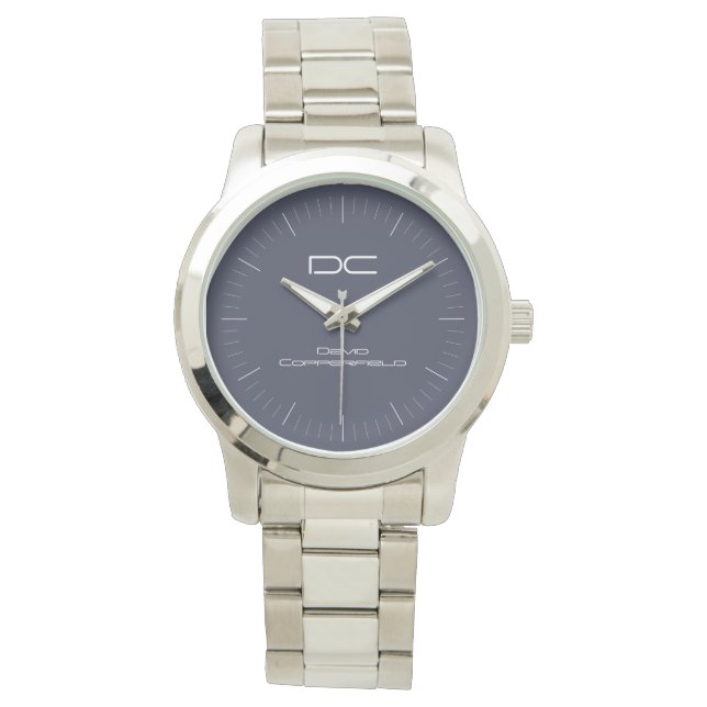Mongram, Modern Blue Silver Individuelle Name Armbanduhr (Vorderseite)