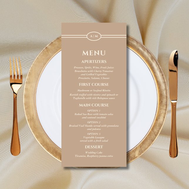 Mongram Modern Cream Taupe Wedding Menu Menükarte (Von Creator hochgeladen)