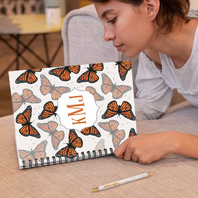 Mongram Monarch Butterfets Custom Notizbuch (Botanical monarch butterflies spiral notebook)