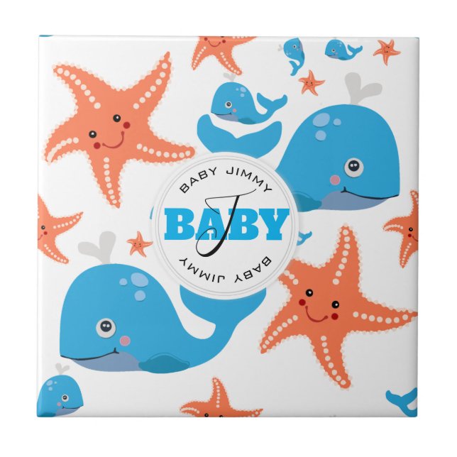 Mongram Muster für Whale und Starfish Baby Fliese (Vorderseite)