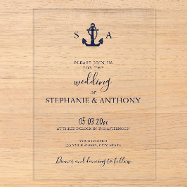 Mongram Nautical Navy Blue Anchor Hochzeit Acryleinladungen
