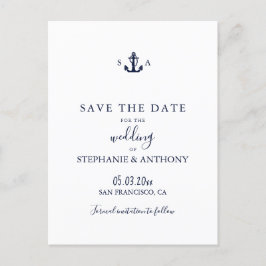 Mongram Nautical Navy Blue Anchor Hochzeit Ankündigungspostkarte