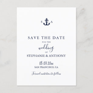 Mongram Nautical Navy Blue Anchor Hochzeit Ankündigungspostkarte