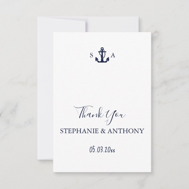 Mongram Nautical Navy Blue Anchor Hochzeit Dankeskarte (Vorderseite)