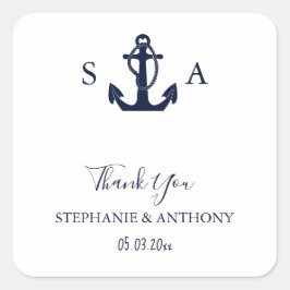 Mongram Nautical Navy Blue Anchor Hochzeit Quadratischer Aufkleber