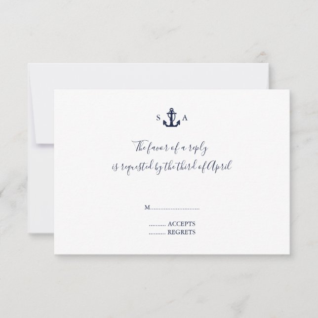 Mongram Nautical Navy Blue Anchor Hochzeit RSVP Karte (Vorderseite)