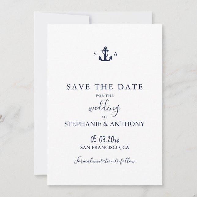 Mongram Nautical Navy Blue Anchor Hochzeit Save The Date (Vorderseite)