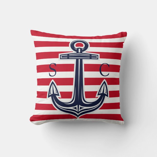 Mongram Nautical White Strip Navy Anchor Kissen (Vorderseite)