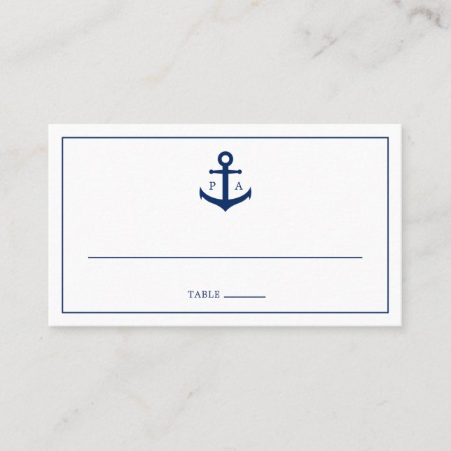 Mongram Navy Blue Anchor Nautical Wedding Platzkarte (Vorderseite)