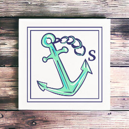 Mongram Navy Green Anchor Nautical Boat Coastal Serviette