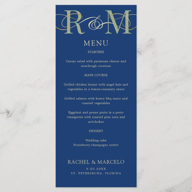 Mongram Navy Olive Sage Green Wedding Menu Menükarte (Vorderseite)
