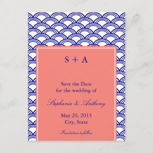 Mongram Navy und Coral Seigaiha Pattern Wedding Ankündigungspostkarte