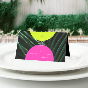 Mongram Neon Arches Palm Tree Tropical Wedding Platzkarte