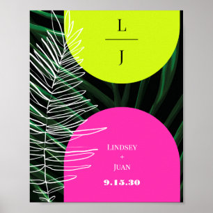Mongram Neon Arches Tropical Palm Leaf Wedding Poster