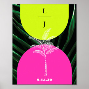 Mongram Neon Arches Tropical Palm Tree Wedding Poster