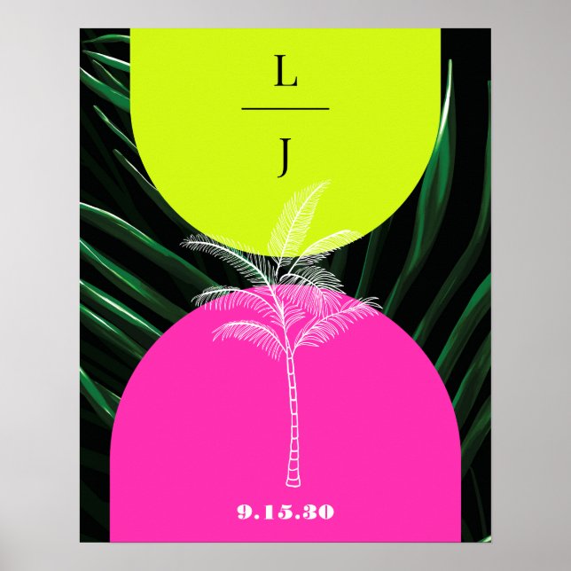 Mongram Neon Arches Tropical Palm Tree Wedding Poster (Vorne)