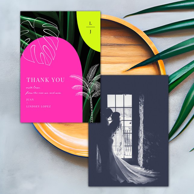 Mongram Neon Arches Tropical Wedding Foto Dankeskarte (Von Creator hochgeladen)
