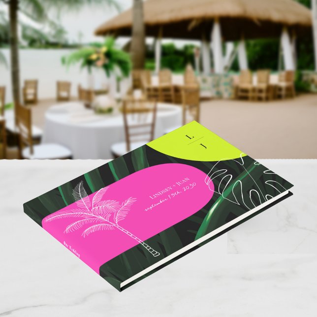 Mongram Neon Arches Tropical Wedding Guest Book Gästebuch (Von Creator hochgeladen)