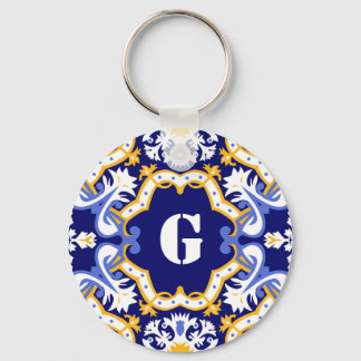 Mongram-Perwinkle, Blau und Gelb-Azulejos Schlüsselanhänger