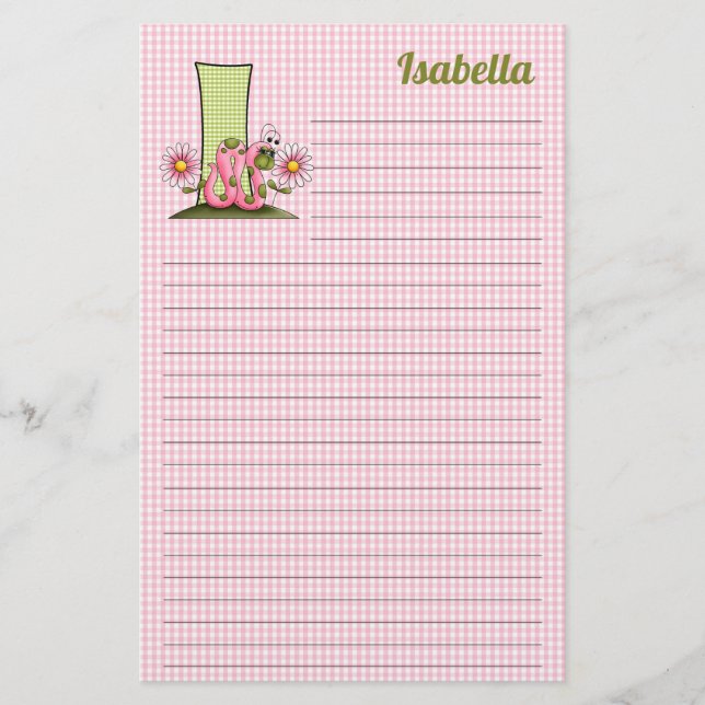 Mongram, Pink Inch Worm Letter I Lined Stationery Briefpapier (Vorderseite)