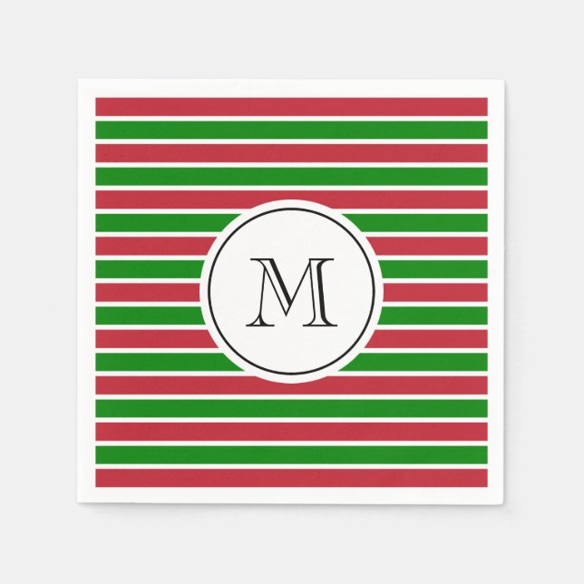 Mongram Red and Green Strips Weihnachten Serviette (Vorderseite)