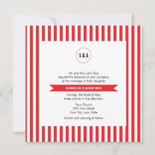 Mongram, Red and White Stripes Muster Hochzeit Einladung
