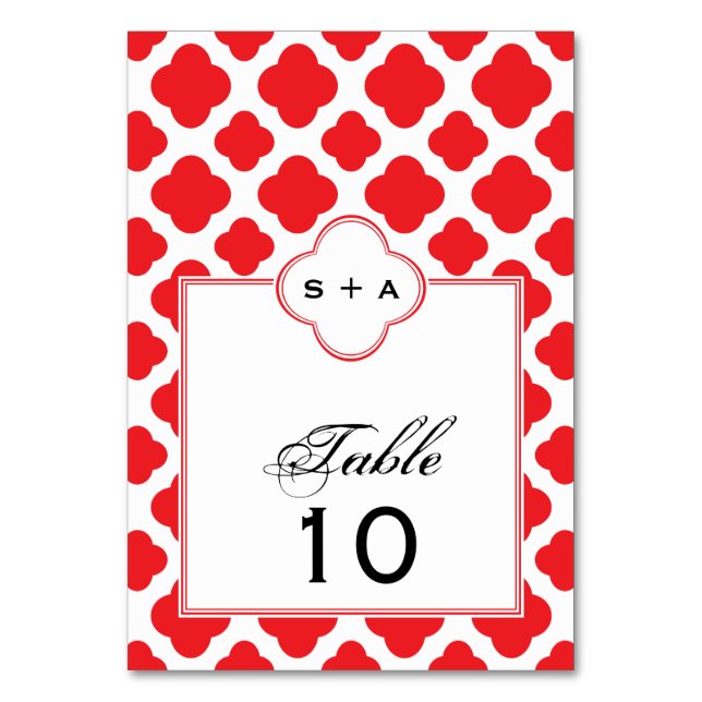 Mongram Red Quatrefoil Muster Hochzeit Tischnummer (Vorderseite)