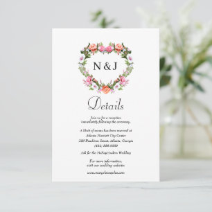 Mongram Romantic Rose Floral Heart Wedding Detail Begleitkarte