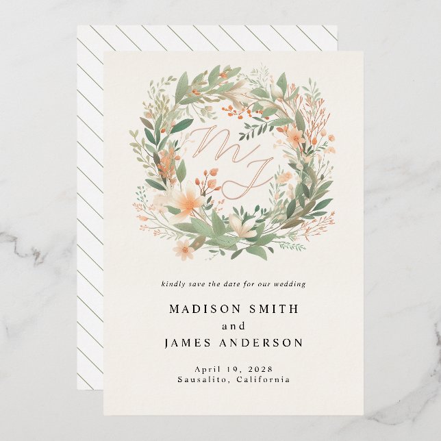 Mongram Romantic Spring Floral Wreath Wedding Folieneinladung (Vorderseite/Rückseite)